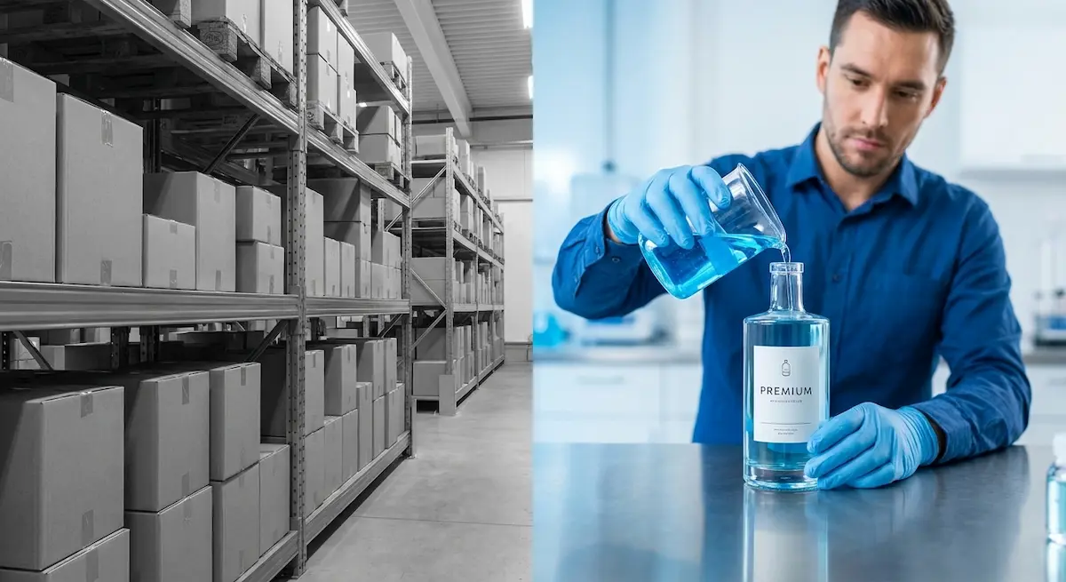 Hombre fabricando productos de limpieza de alta calidad en entorno controlado